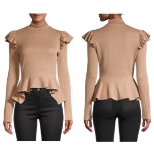 Walter Baker Knitted tan mockneck Ruffled Peplum Sweater size M